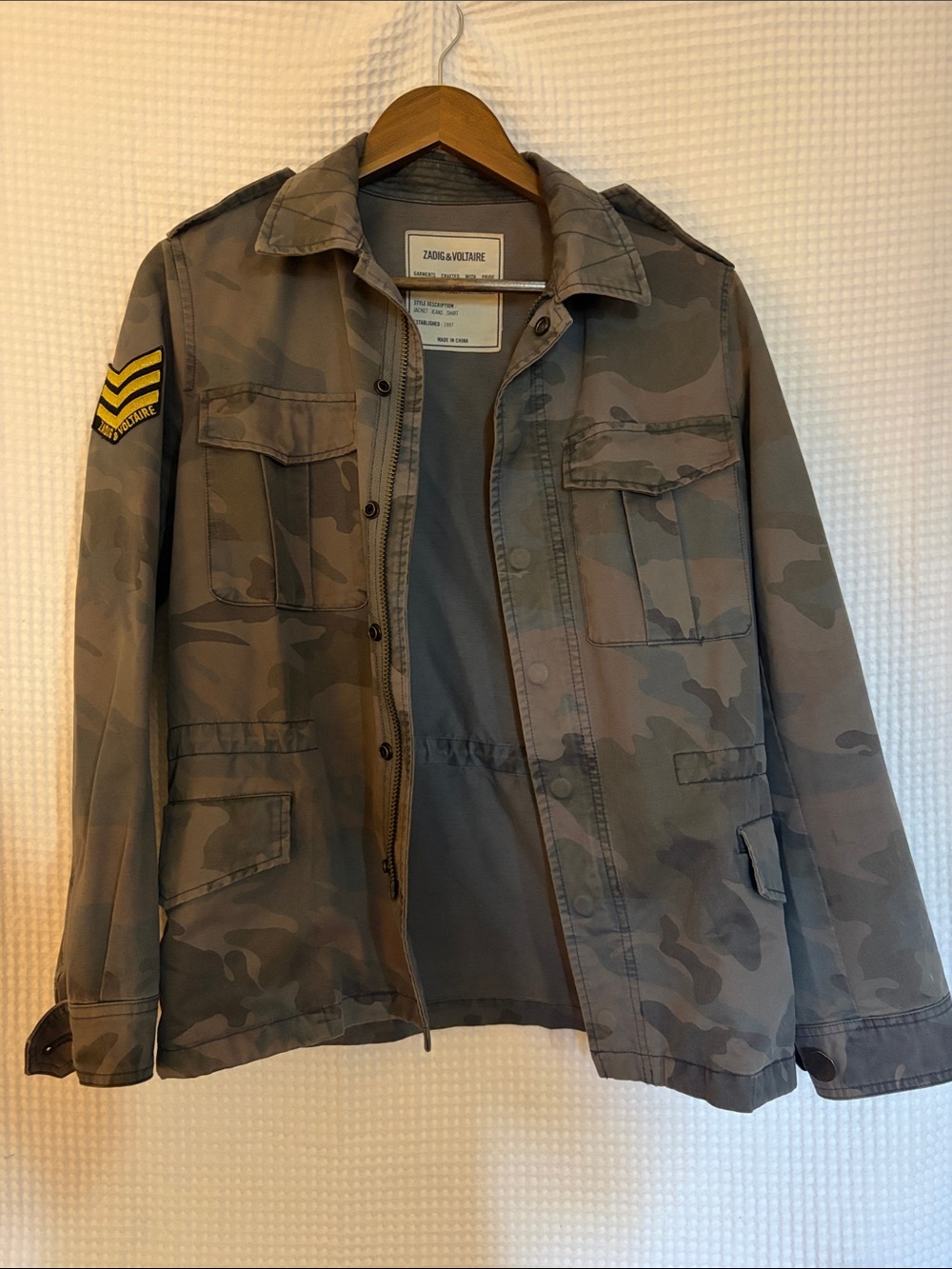 Zadig & Voltaire Camo Field Jacket in Olive and Gray with Gold Sleeve Patch